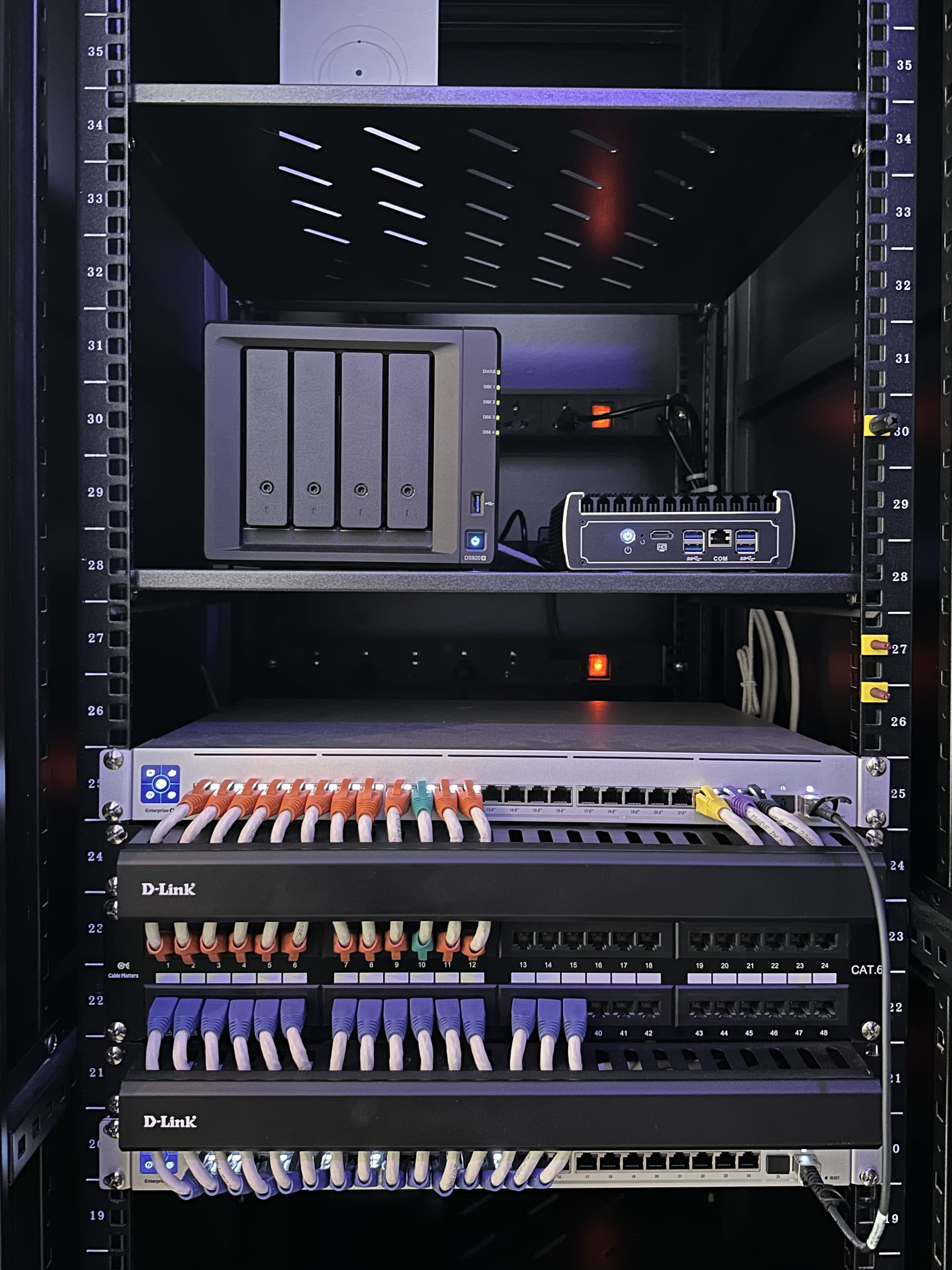 Contents of my rack, showing my Synology NAS, pfSense router, and two switches
